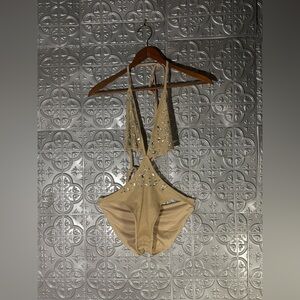 Custom made handmade tan nude rhinestone scrunch butt sexy one piece bodysuit